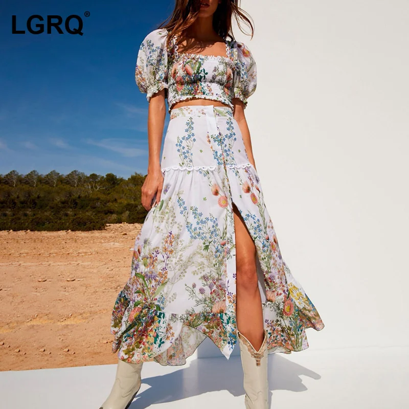 

[LGRQ] Half-body Print Split Skirt Two Pieces Suit New Square Neck Short Sleeve Women Fashion Tide Spring Autumn 2021 19D1879
