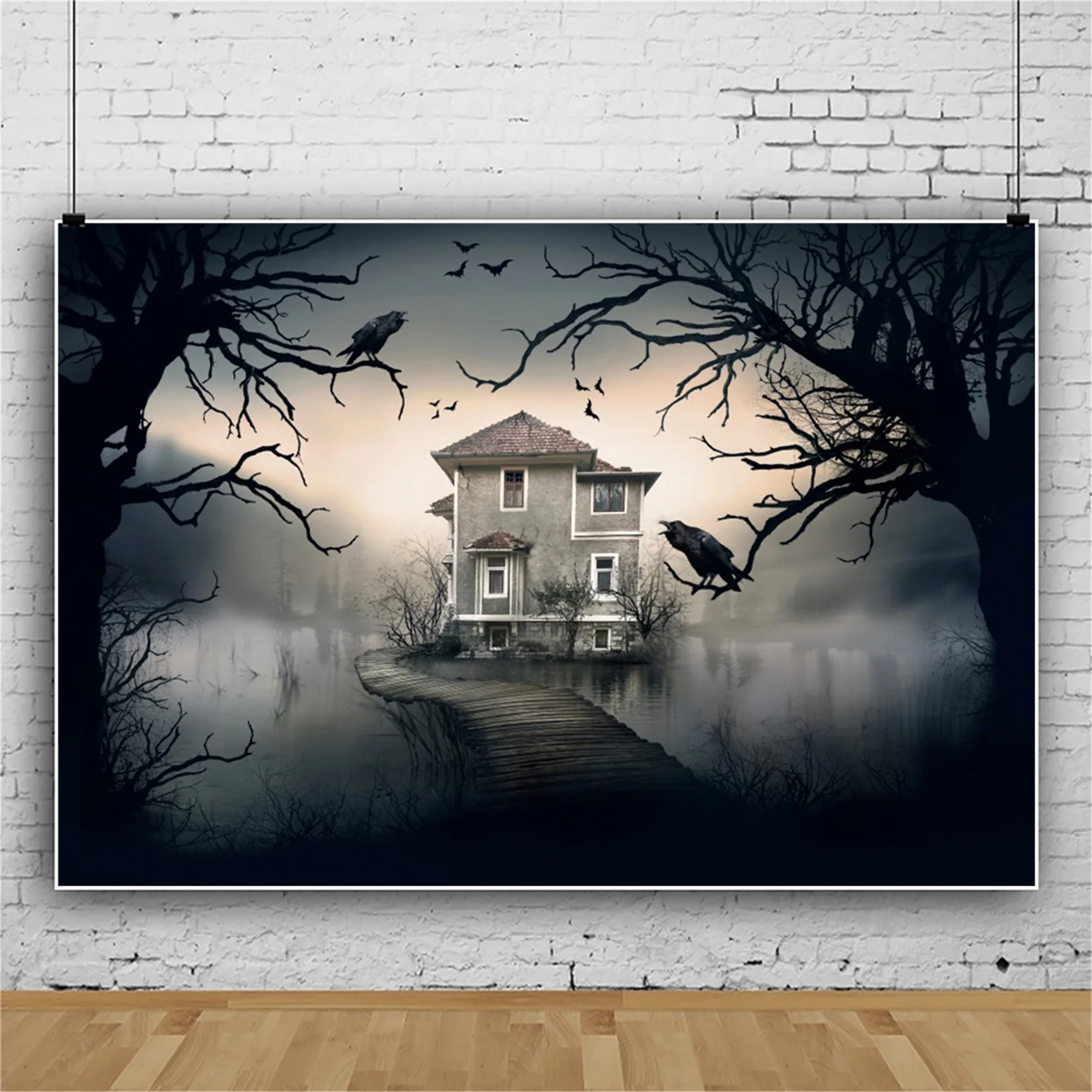 

Laeacco Хэллоуин праздники ужасный замок темное дерево озеро вечеринка Декор живописный фото фон фотографические фоны