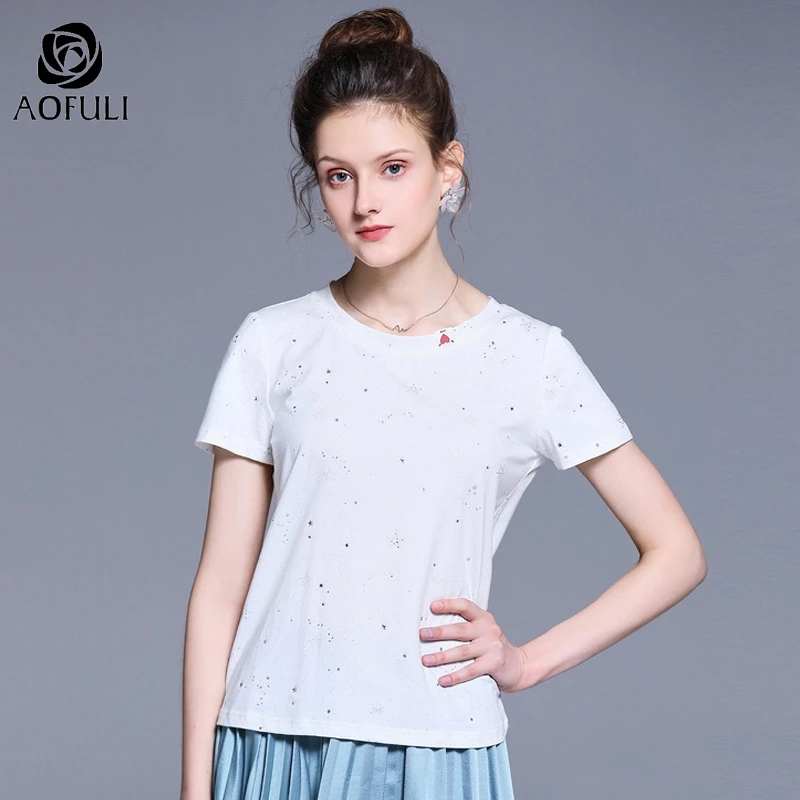 Женская хлопковая Футболка AOFULI белая Повседневная футболка с коротким рукавом и