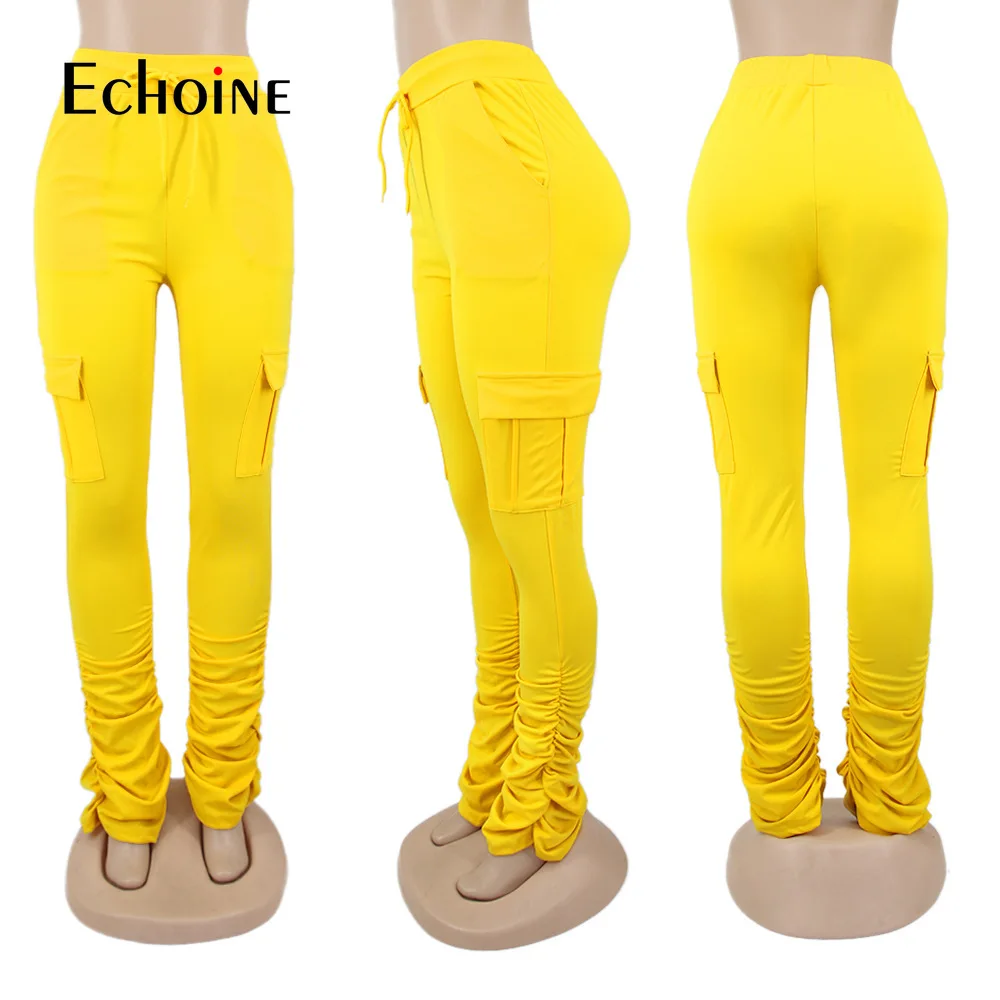 

Echoine New Women Stacked Solid high waist Pants Flare Pants Pleated Long Trousers Streetwear Has Stretch Joggers Sweatpants