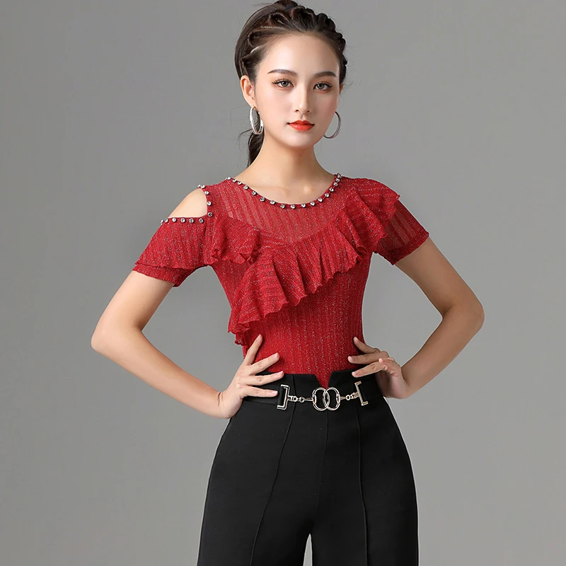 

Latin Dance Practice Clothing Female Modern National Standard Dance Sexy Short Sleeve Tops Rumba Tango Samba Dancewear