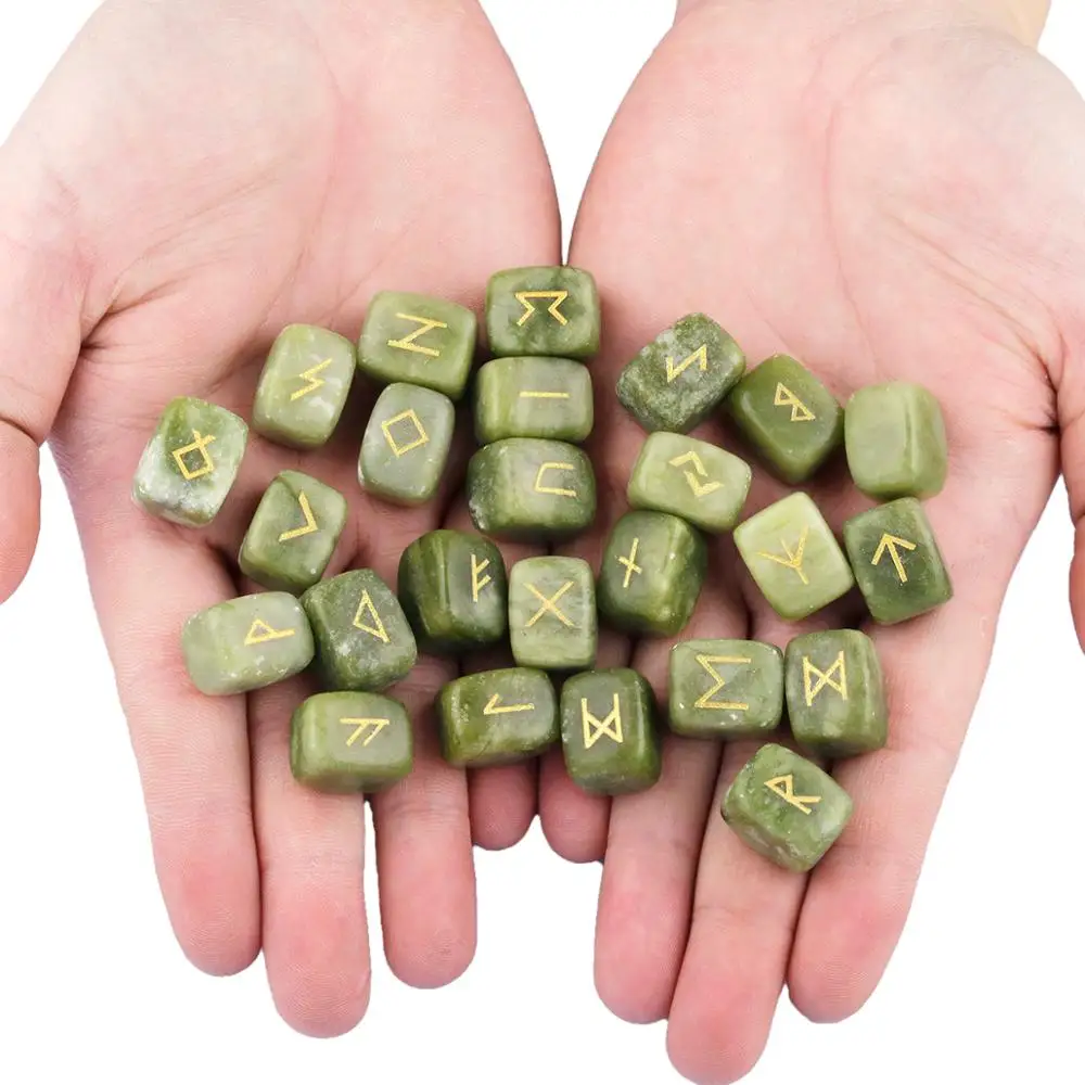 TUMBEELLUWA 1Lot (25Pc) Green Jade Engraved Rune Stones Set Healing Reiki Crystal Tumbled Stones