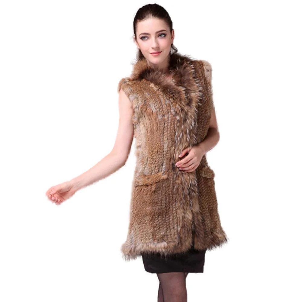 New Knitted Rabbit fur vest with raccoon fur collar gilet sleeveless garment waistcoat natural brown /white