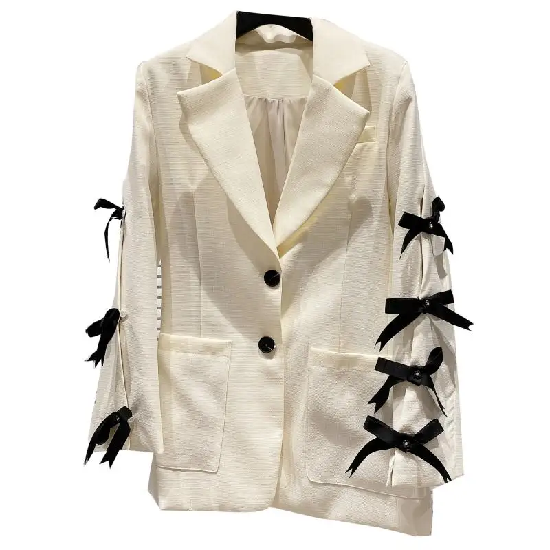 

Streetwear 2020 Summer Autumn New Bow Strap Sleeve Cool Cotton Linen Long-Sleeved Suit Jacket Top for Women Fashion Blazer Coat