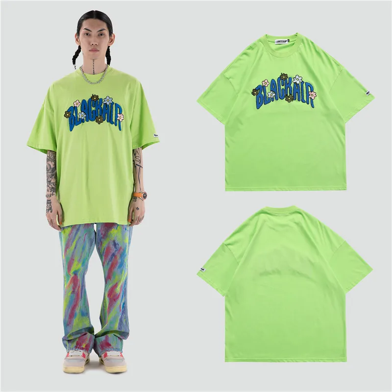 

Flower Letter Embroidery T Shirt Men Unisex Cotton Short Sleeve Oversized Streetwear Harajuku Summer Fashion Skate Casual Tshirt