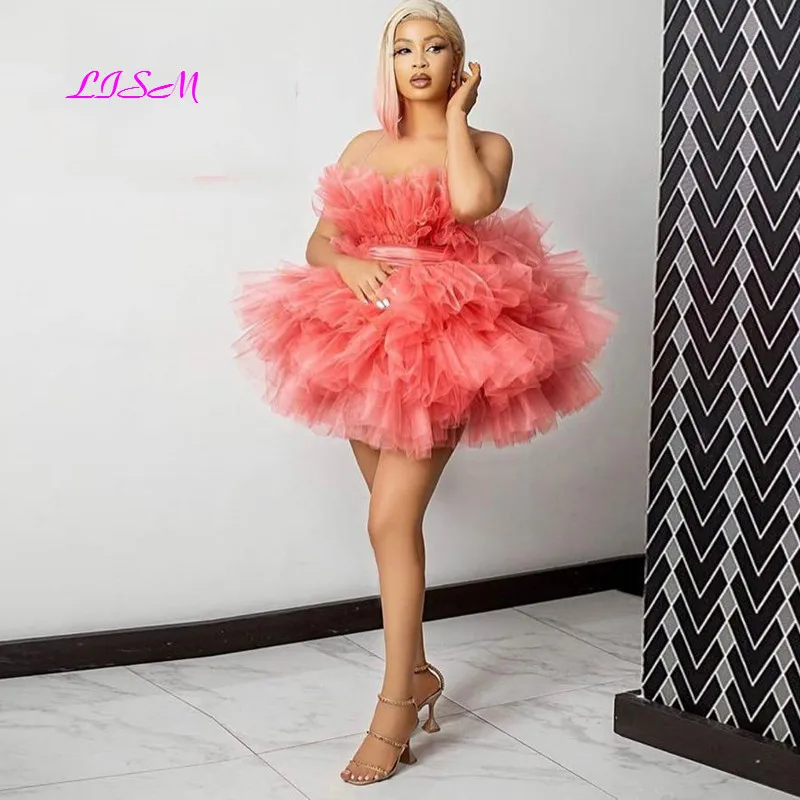 

Watermelon Mini Homecoming Dress Puffy Tulle Strapless Short Party Dress Ball Gown Birthday Photo Shoot Cocktail Vestidos