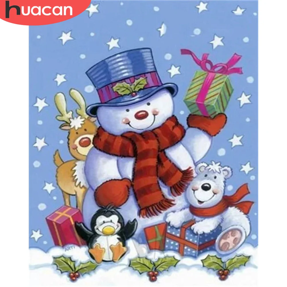 

HUACAN Full Square Diamond Painting Christmas Picture Of Rhinestone Animal DIY Diamond Mosaic Snowman Home Decor
