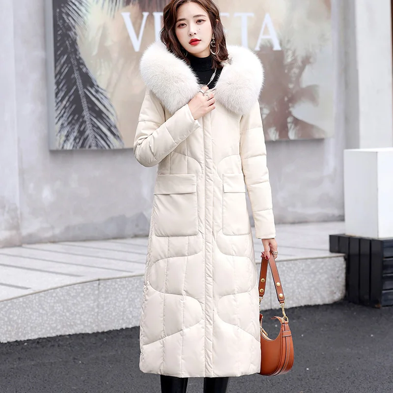 New Women Sheepskin Down Overcoat Autumn Winter Elegant Fashion Fox Fur Collar Thick Warm Slim Long Sheep Leather Down Coat