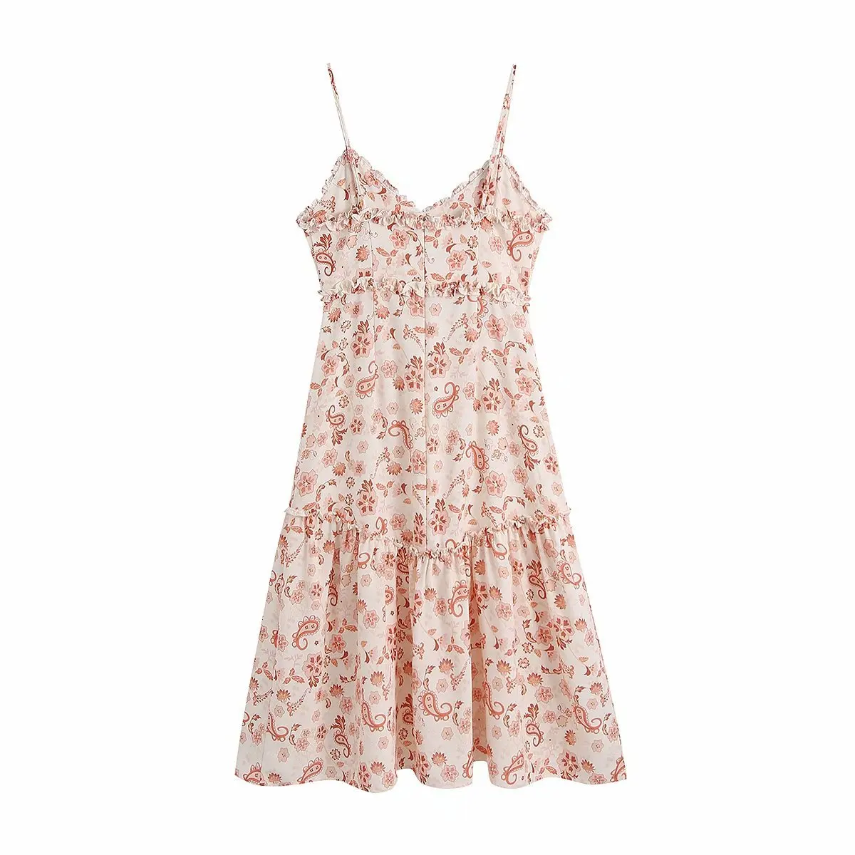 

European and American Fashion Printed Dress with Wooden Ear Side Drawstring Sling and Ruffle Stitching Long Dress DLQZ1352