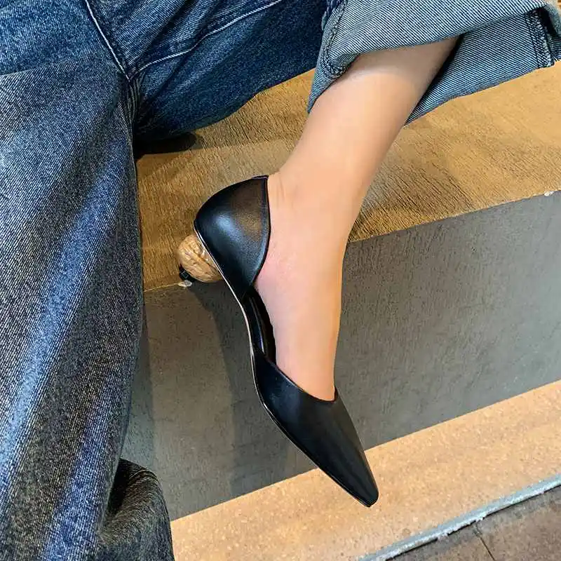 

Krazing pot simple solid genuine leather strange med heels shoes fashion square toe slip on spring daily wear women pumps L69