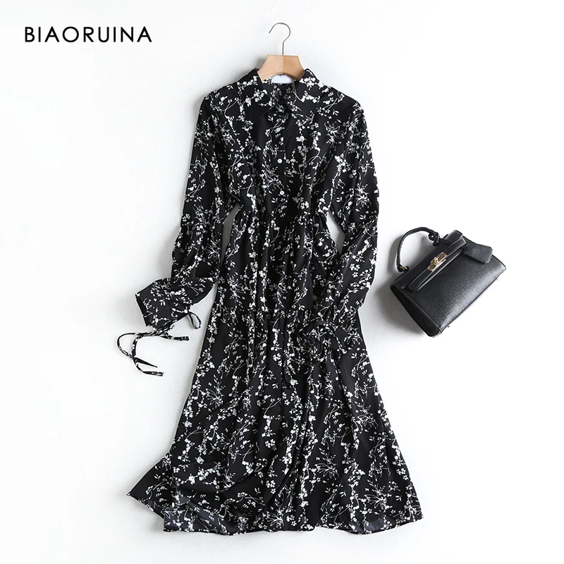 Женское платье BIAORUINA из вискозы с цветочным принтом Черное длинное отложным
