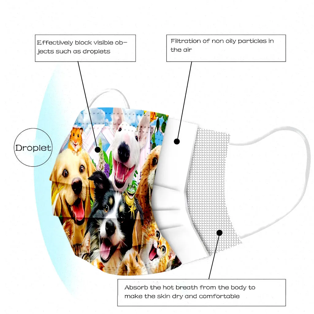 5-100pcs Cartoon Kids Disposable Mask 3 Layer Earloop Mascarillas Para Niños Animal Dog Cat Printing Face Mouth Cover Маски - купить по