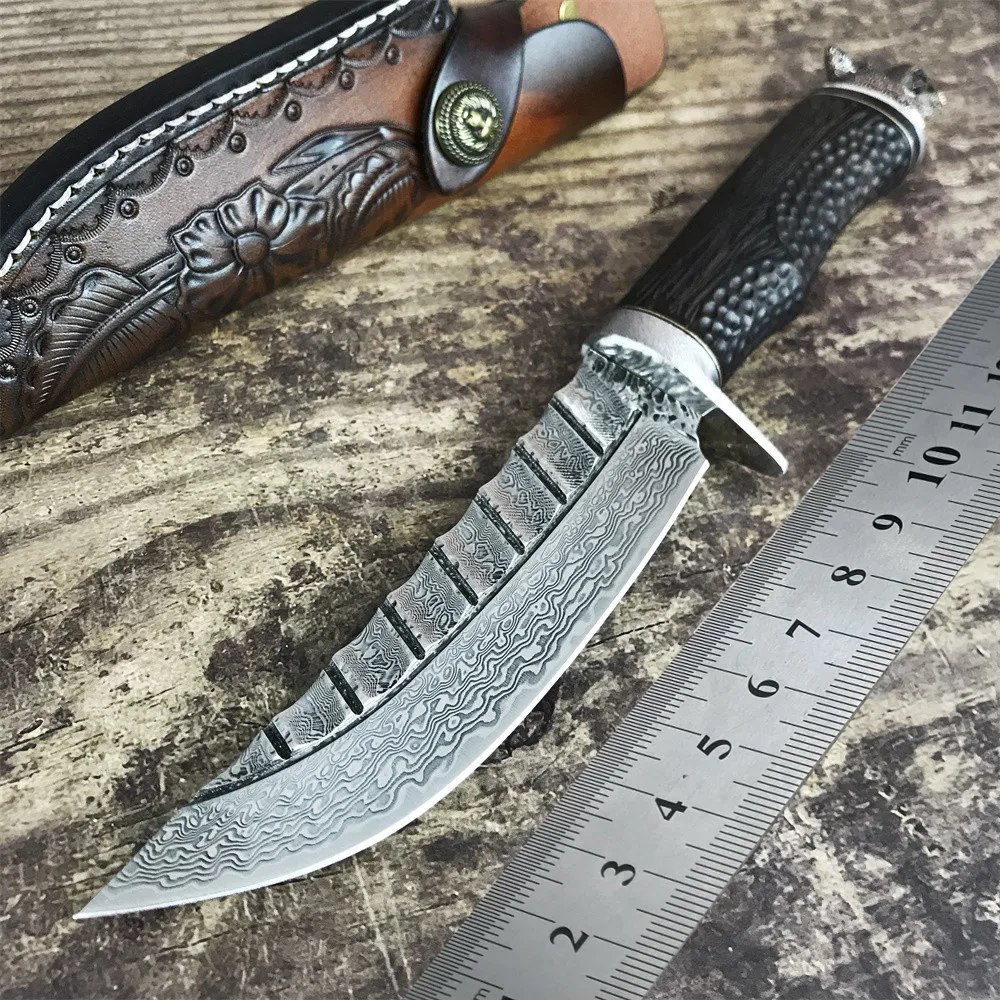 

Wild Wolf Head Damascus Etched Fixed Blade Knife Outdoor Hunting Multi-tool Self Defense Survival Knives Gifts For Collector