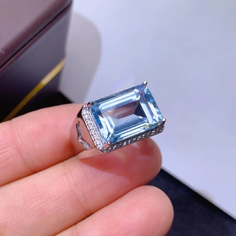 

Newest Muscular Man Ring Size 10*14mm Natural Blue Topaz Gem Ring S925 Silver Square Natural Gemstone Men Gift Birthstone