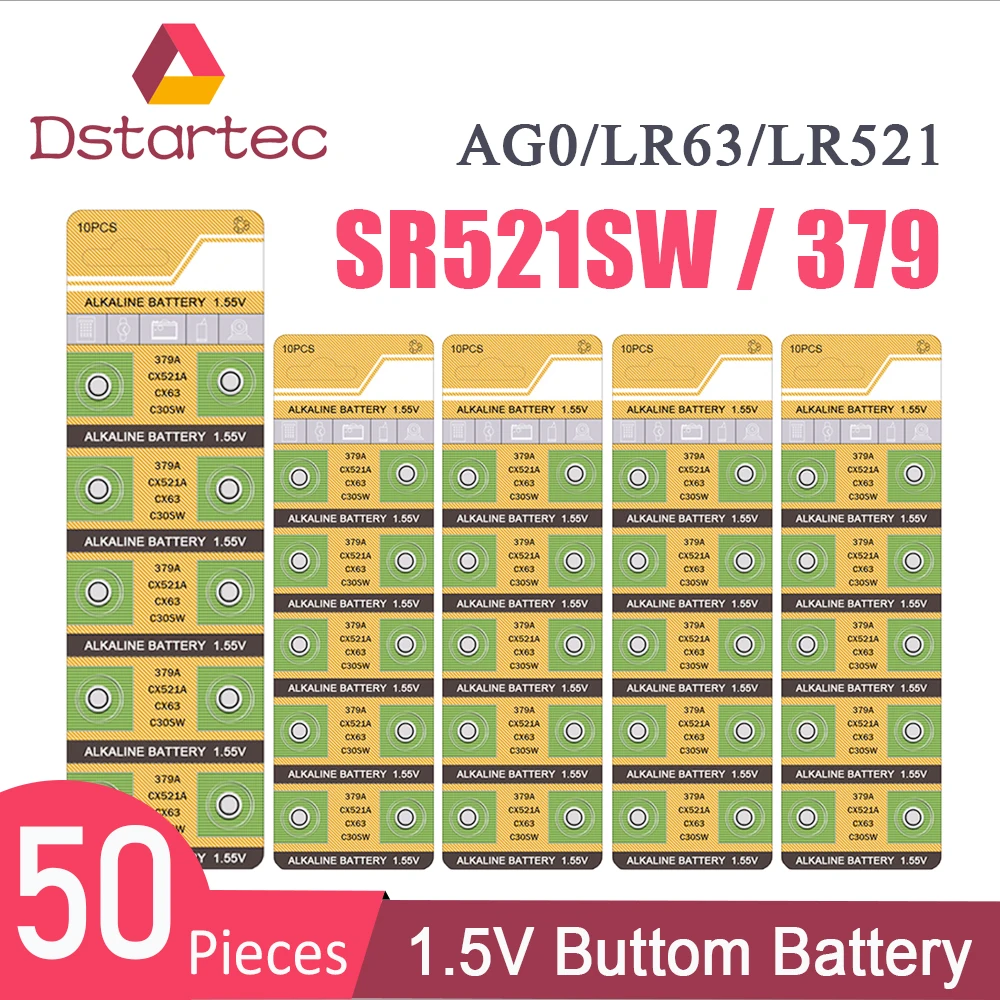 

50pcs 2020 NEW AG0 379 SR63 LR69 LR521 379A 1.55V Button Batteries For Watch Toys Remote SR521SW D379 Cell Coin Alkaline Battery