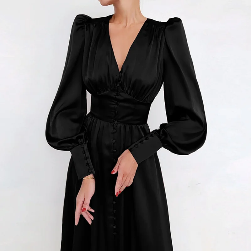 

Spring new fashion dress female design sense lantern sleeves waist slimming European and American temperament slim long skirt