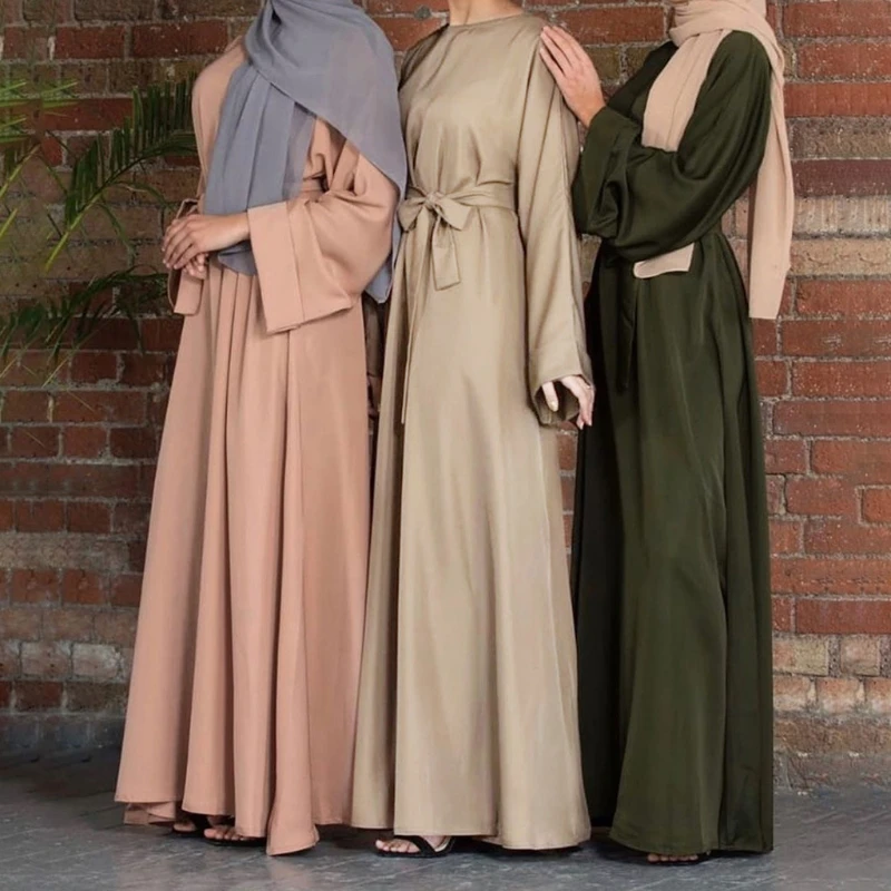 Платье Макси женское с длинным рукавом, Турецкий Арабский мусульманский ИД абайя Дубай, однотонный исламский хиджаб с поясом и завязкой