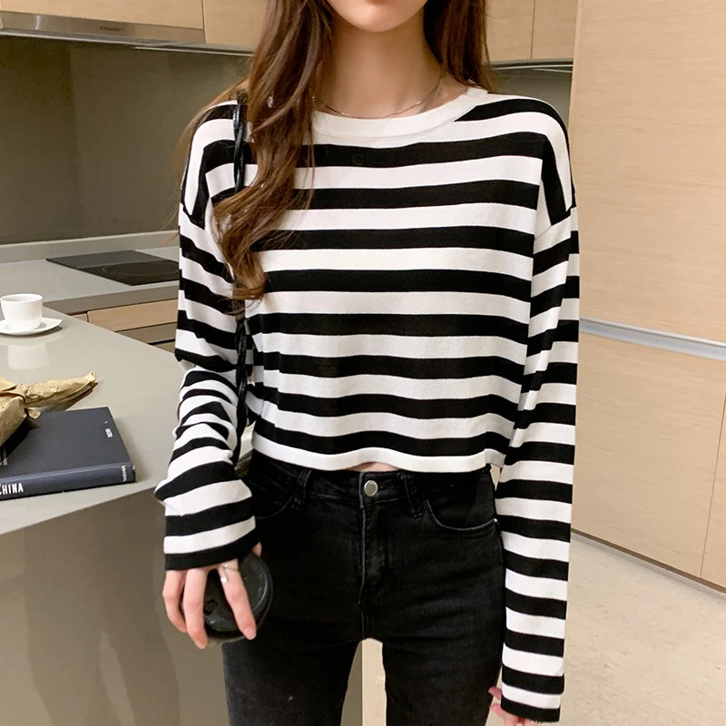 

Женский вязаный свитер, Белый пуловер в полоску с длинным рукавом, с круглым вырезом, в Корейском стиле, Осень-зима, 2020
