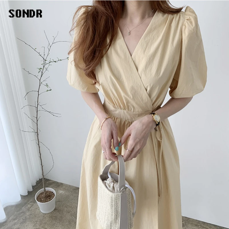 Цельное корейское платье для женщин 2020 летнее Новое шифоновое с пышными рукавами