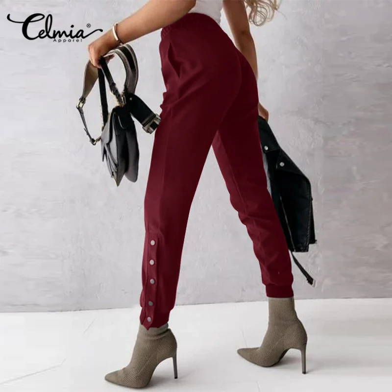 

Celmia Elastic High Waist Office Lady Jogger Pants 2022 Fashion Women Button Up Skinny Leggings Elegant Side Slit Long Trousers