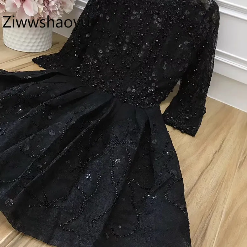 Ziwwshaoyu Новое поступление Подиумные женские черные сетчатые Мини платья роскошное украшение блестки бисером 3/4 рукав вечерние платья