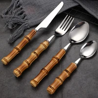 cutlery natural bamboo handle gold stainless steel tablewarekitchen flatware setincludes forks spoons knives tableware