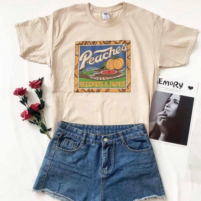 

kuakuayu HJN Unisex Vintage Fashion Peaches Records Tapes T-Shirt Hipsters Grunge Style Graphic Tee