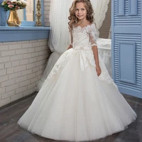wedding flower girl dresses half sleeves boat neck lace appliques kids first communion gowns hot salevestidos longo