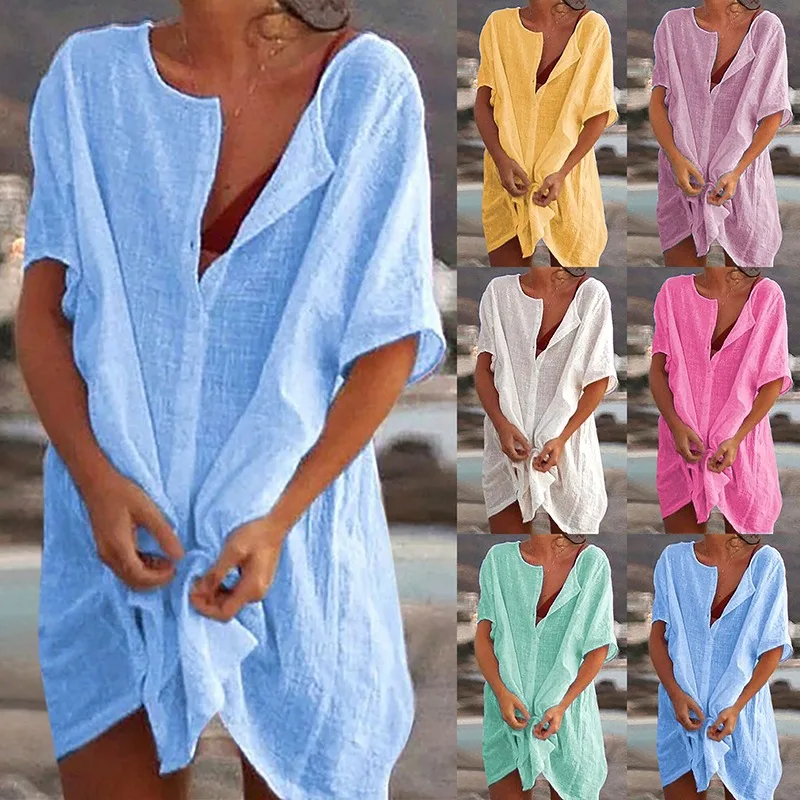 Hot 2021 Cotton Tunics for Beach Women Swimsuit Cover-ups Woman Swimwear Beach Cover up Beachwear Mini Dress Sai de Praia Drop