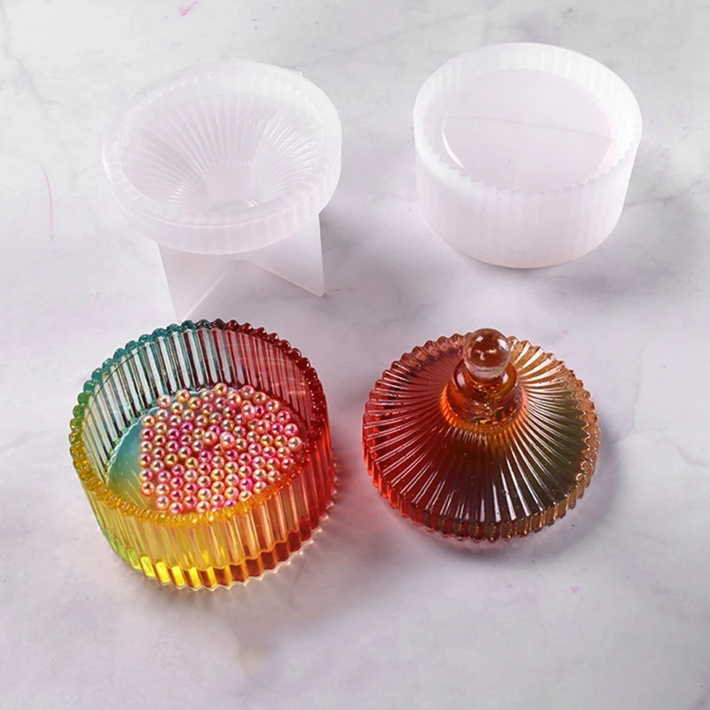 

DIY Crystal Epoxy Storage Box Mould, Table Jewelry Round Striped Storage Box Silicone Mould