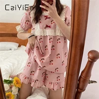 caiyier sweet lace women pajamas set summer cute pink cherry girl nightwear korean short sleeve square collar princess sleepwear