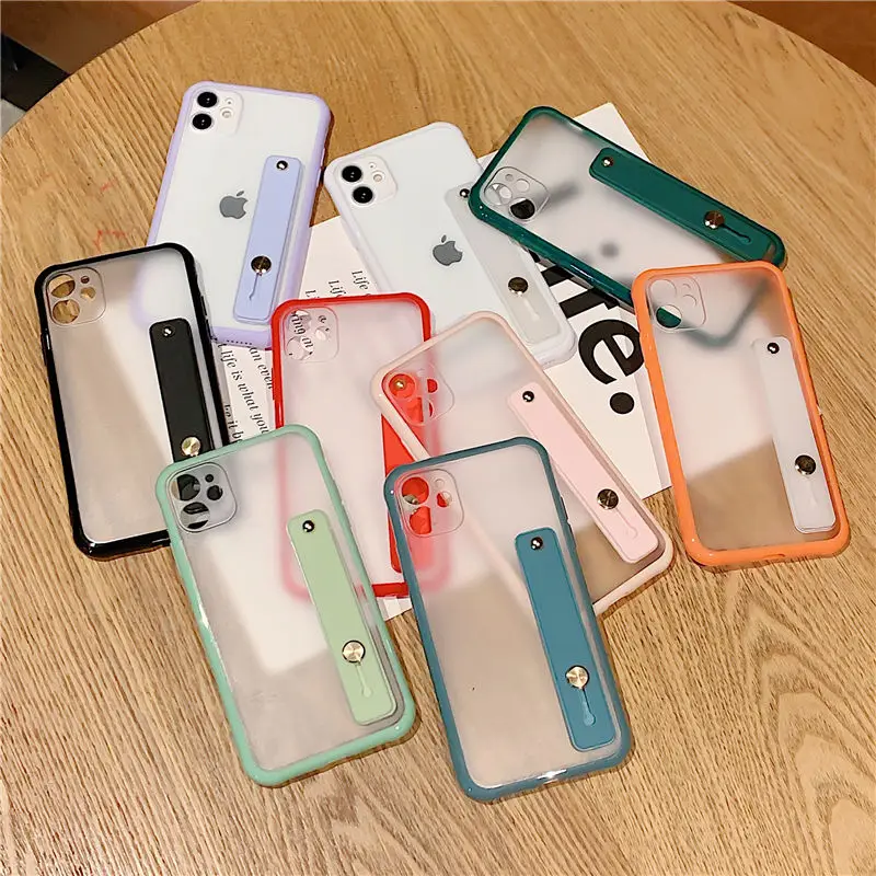 

Wrist Strap Candy Color Phone Case For iPhone SE 2020 11 11Pro Max XR XS Max X 6 6S 7 8 Plus Shockproof Bumper Transparent Cover