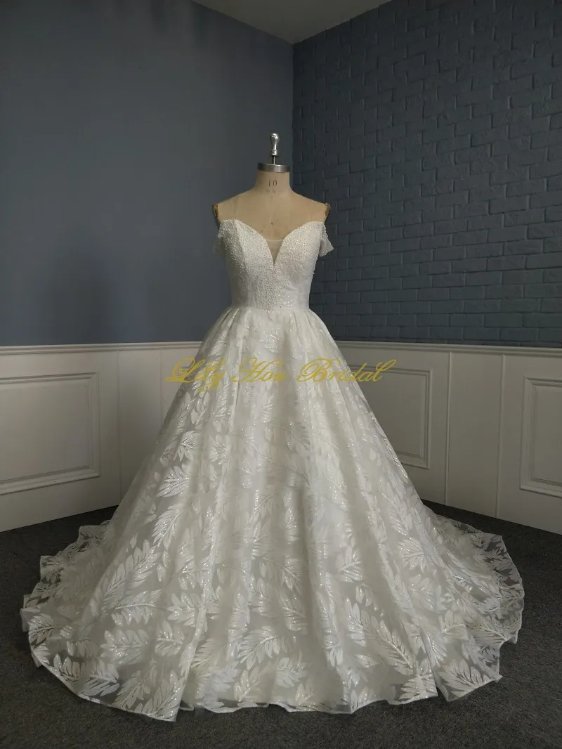 Princess Sequined Leaf Shaped Lace Wedding Dress Off the Shoulder Pearls Embellished Bridal Gown with Lace up Back