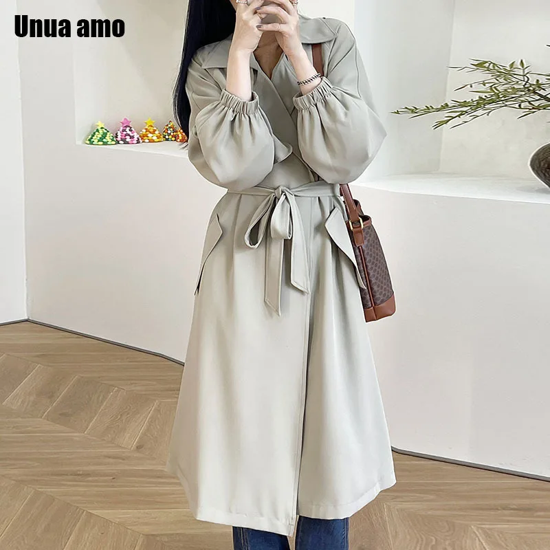 

Unua amo 2021 осень X-длинная бандажная ветровка Женская ретро элегантная верхняя одежда модный Свободный Повседневный Женский Тренч