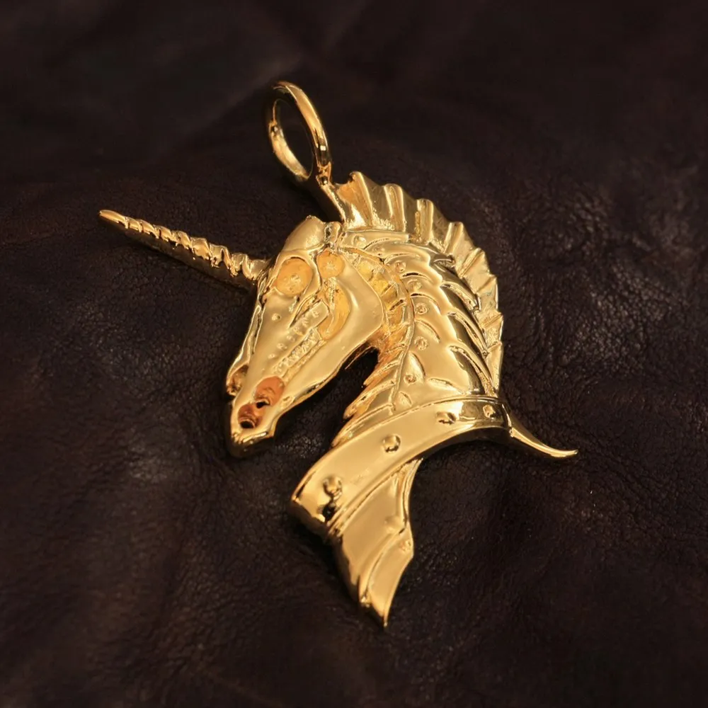 

LINSION Skull Unicorn Pendant Gold Plated Brass Mens Biker Rock Punk Jewelry GP207 JP