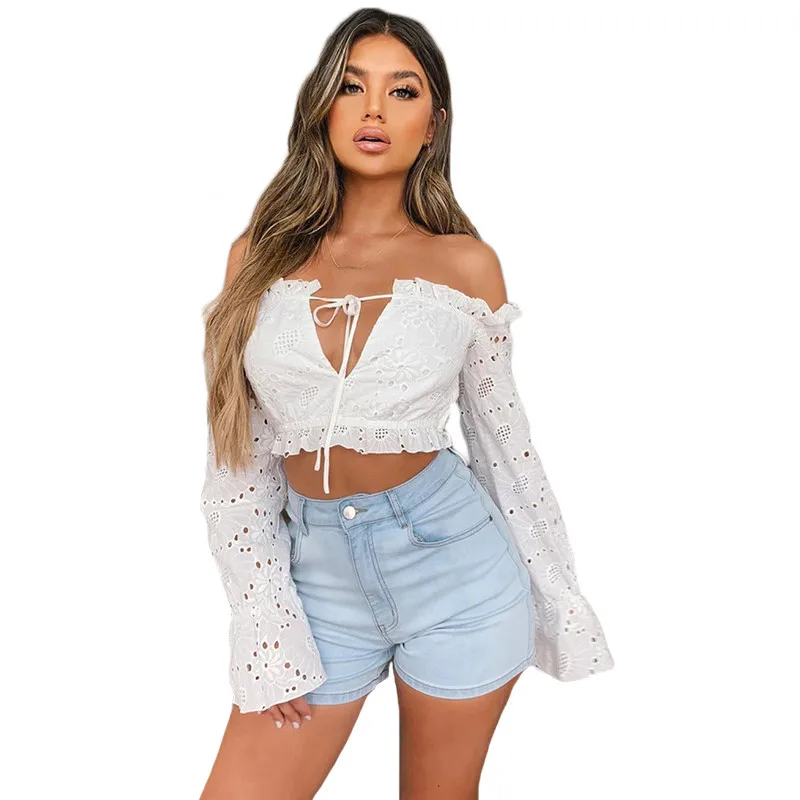 

Off Shoulder Women Floral V Neck Slash neck Blouse Fashion Long sleeve Ruffles Crop tops Autumn summer Hollow Club Casual Blusas