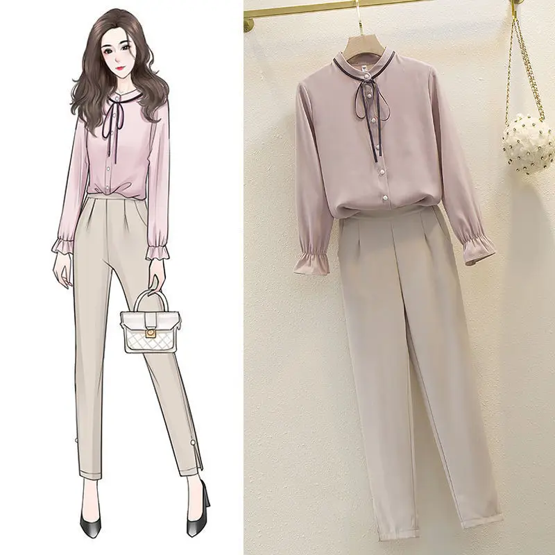 

Women 2021 Spring Summer Office Suit Set Female Long Sleeve Shirts Top + Ankle-length Pants Suit Ladies Casual 2 Piece Sets B106