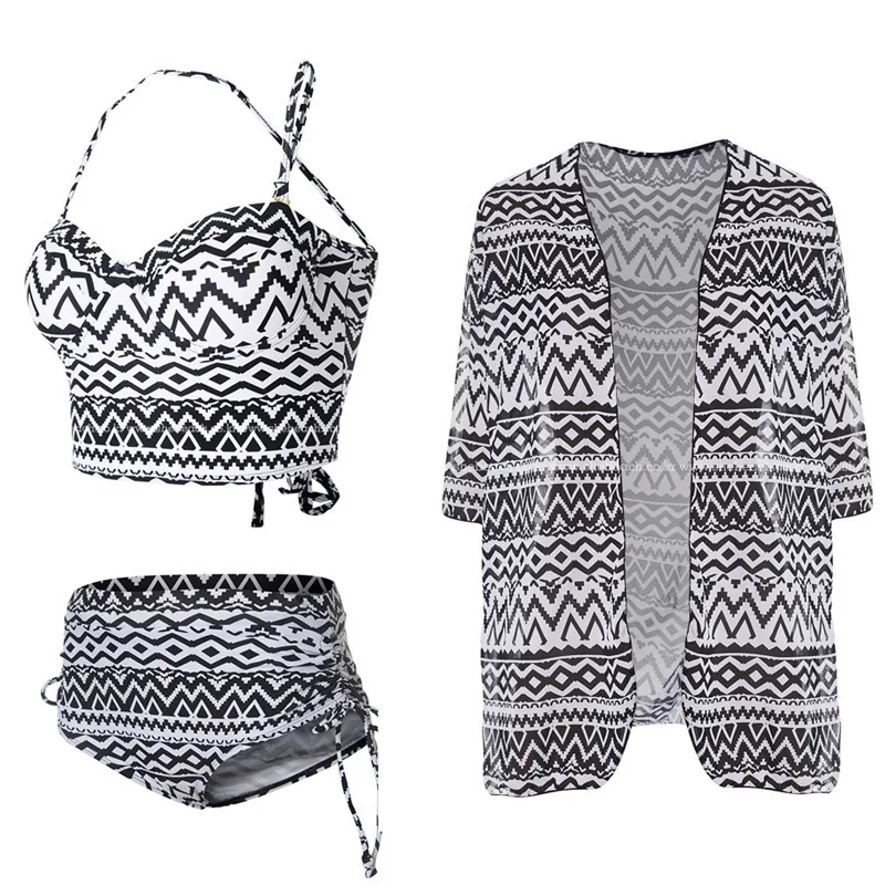 

2021 European and American Women's New Swimsuit Three-piece Sexy Backless High Waist Retro Pattern Split Ladies Swimwear