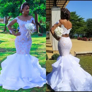 Plus Size African Mermaid Wedding Dresses Modern Cascading Ruffles Tiered Skirt Lace Long Sleeve Aso Ebi Bride Wedding Gown