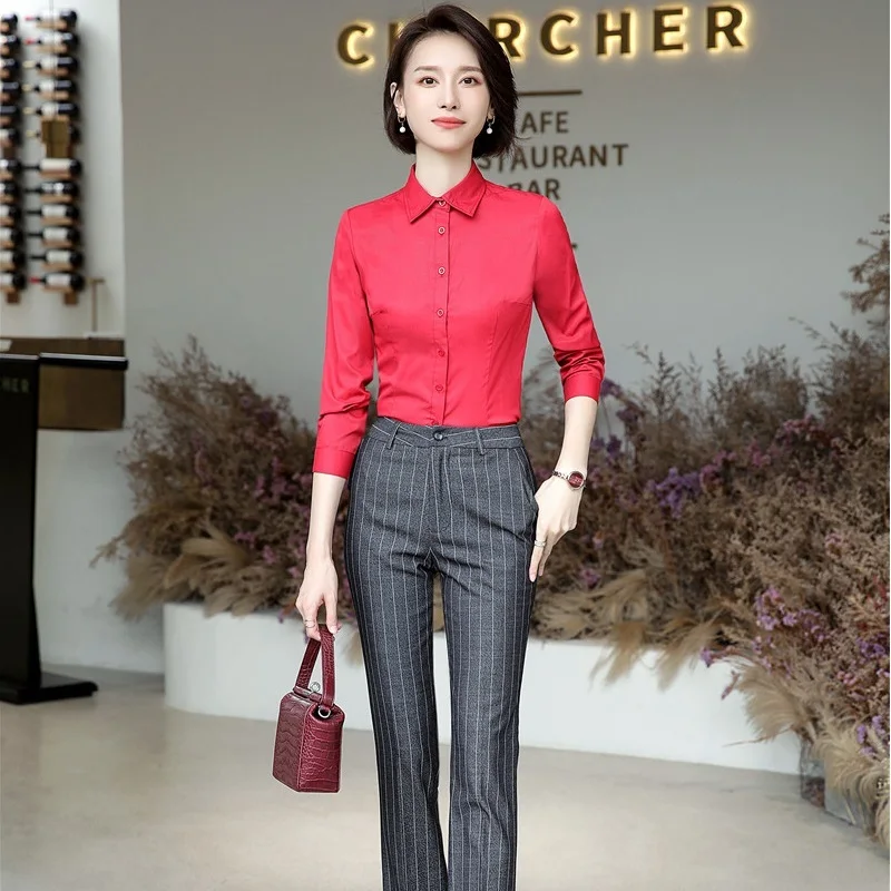 Spring Autumn Women Blouse And Pants Sets 2 Pieces OL Styles Fashion Casual Simple Slim Shirt Formal Professional Suits Trousers