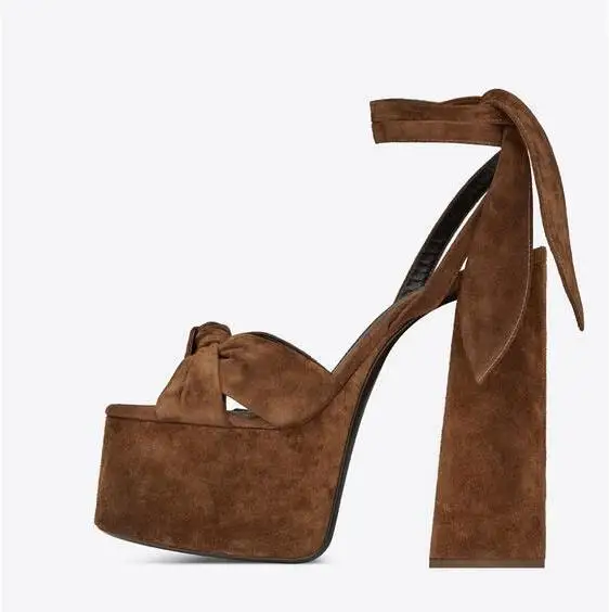 

Sexy Women Square Heels Sandals Open Toe Platform Thick Heels Woman Dress Shoes Lace Up Brown Suede High Platform Banquet Shoes