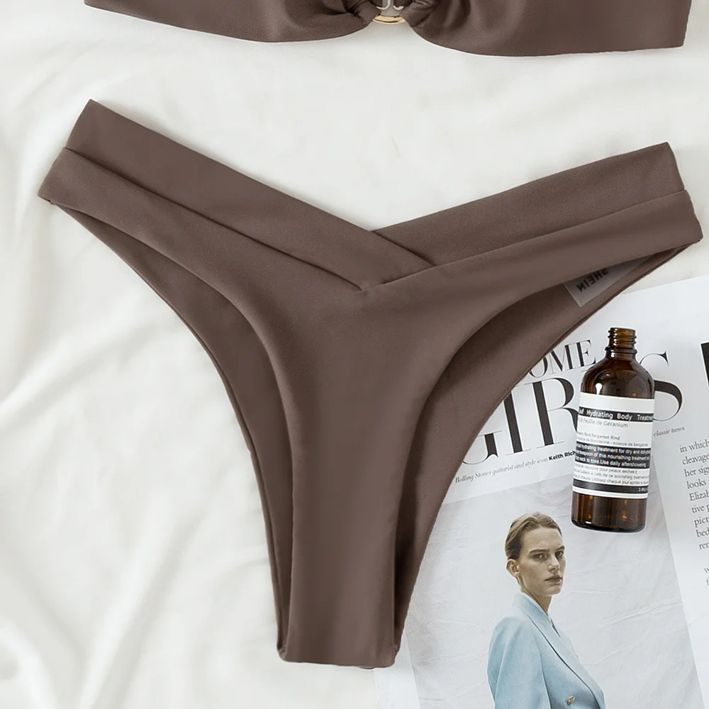 Push Up Bikini Set Solid Swimwear Women Hollow Metal rings Swimsuit High Cut Bathing Suits Sexy Biquini Beachwear | Женская одежда