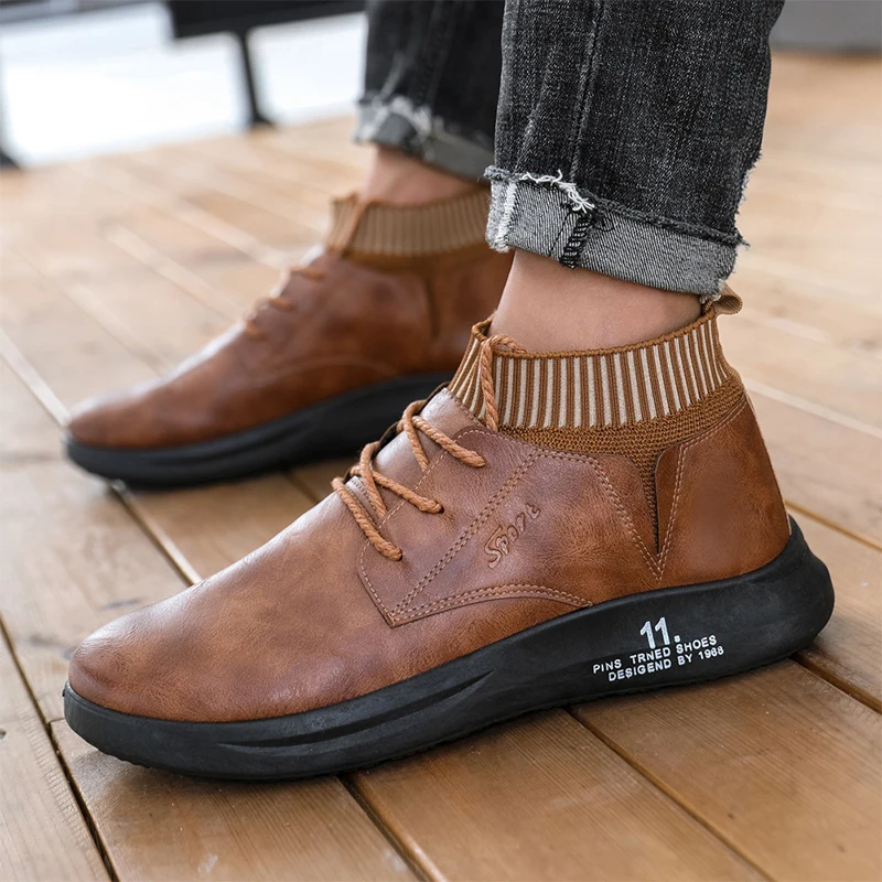 

Autumn And Winter Style Men's Business Casual Warm Wear-Resistant Flat-Heel Mid-Top Solid Color Round Head Lace-Up Leather Shoes