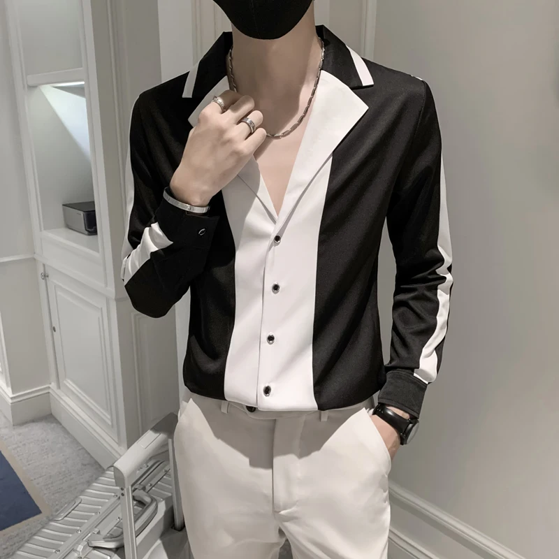 

Plus Size 4XL-M Fashion Patchwork Color Long Sleeve Casual Shirts Men Clothing 2022 Simple Slim Fit Tuxedo Dress Black/White Hot