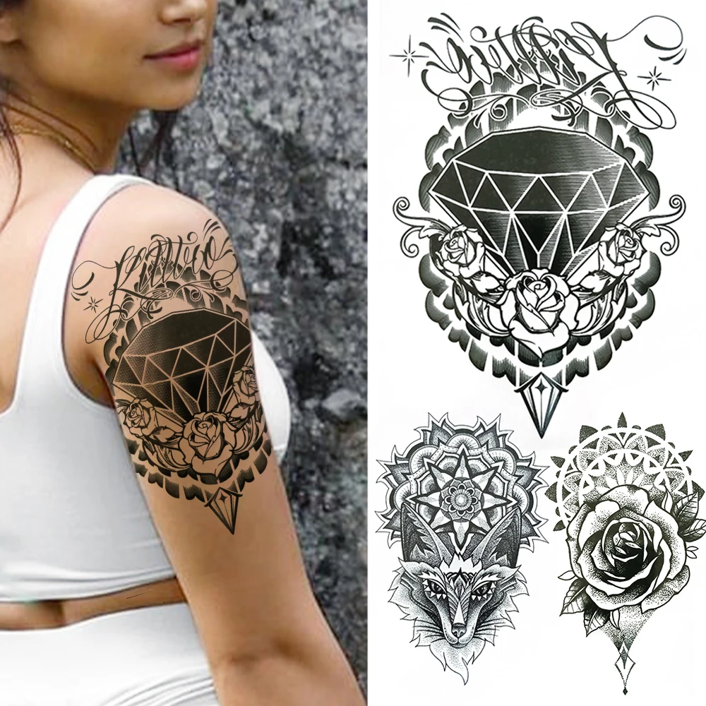 3D Diamond Fake Temporary Tattoos For Women Chest Hands Black Mandala Henna Lion Tattoo Sticker Rose Mehndi Flower Tatoos Chains