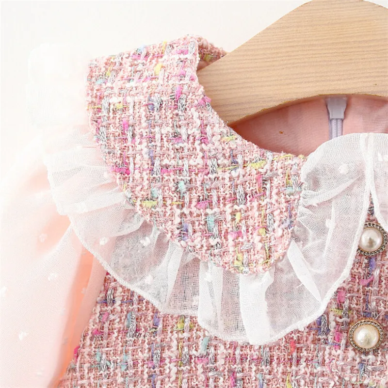 

Newborn Baby Girl Princess Dress Lace Puff Sleeve Peter Pan Collar Pocket A-line Dress Autumn Spring Clothing 1-4Y