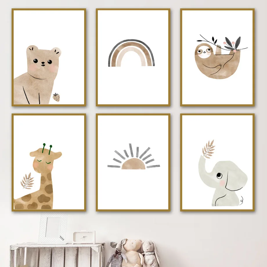 Nordic posters and prints bear elephant giraffe lazy rainbow wall art oil painting cartoon mural children's room decoration | Дом и сад