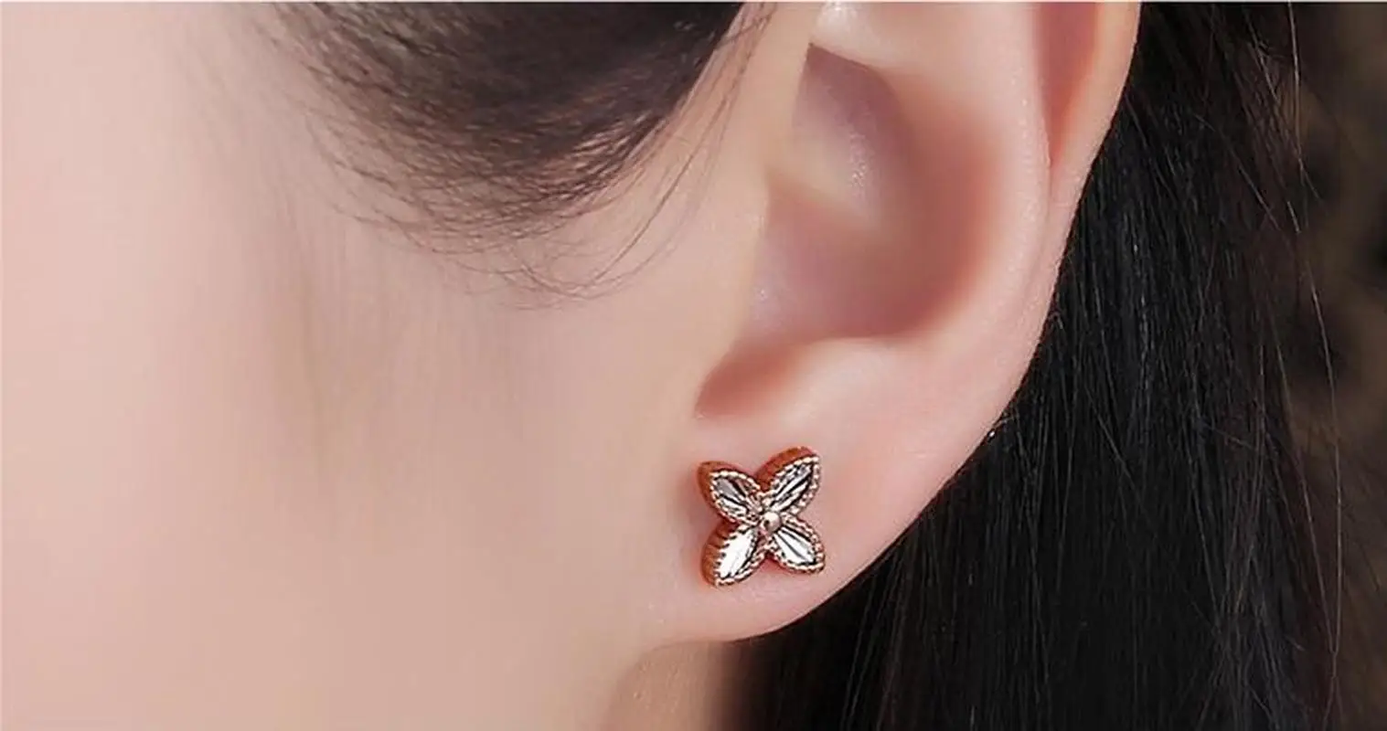 

Classic 18K Genuine Real Solid Gold AU750 Rose 4-Leaf Clover Piercing Stud Earrings for Women Female Girl Trendy Fancy Jewelry