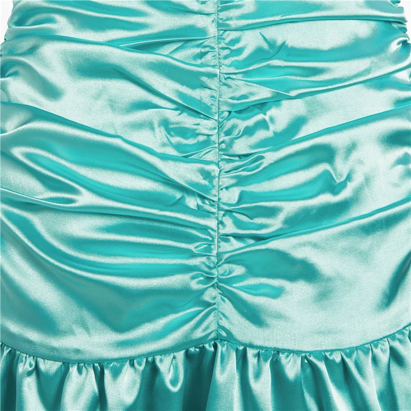 

Ruffles Pleated Solid Zipper Women Spaghetti Strap Satin Short Summer Mini Dress Sexy Club Party Dress 2021