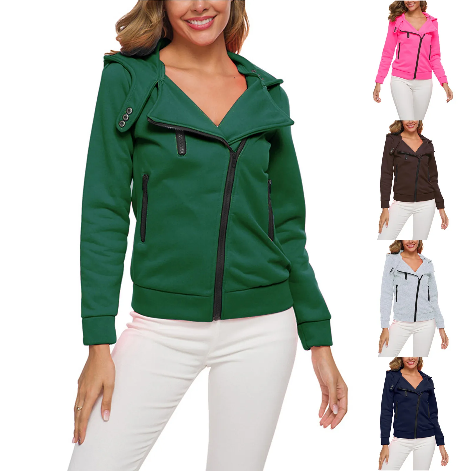 

Winter Women Zip Hoodie 2021 Casual Sweatshirt With Zipper Hooded Green Brown Pink Hoodies Hoody Zip-up Top